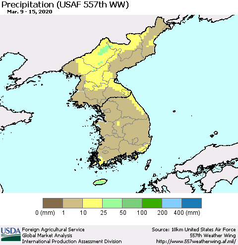 Korea Precipitation (USAF 557th WW) Thematic Map For 3/9/2020 - 3/15/2020