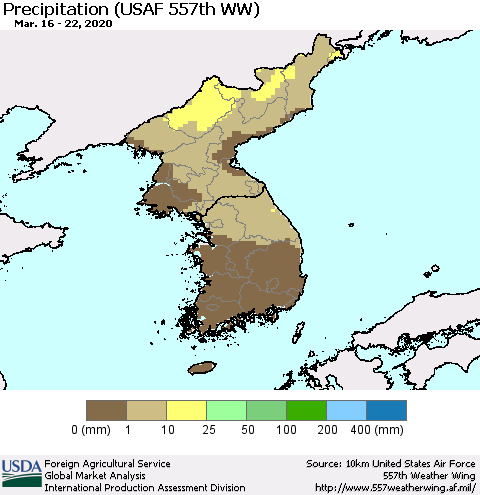 Korea Precipitation (USAF 557th WW) Thematic Map For 3/16/2020 - 3/22/2020