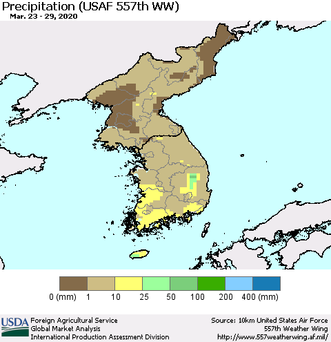 Korea Precipitation (USAF 557th WW) Thematic Map For 3/23/2020 - 3/29/2020