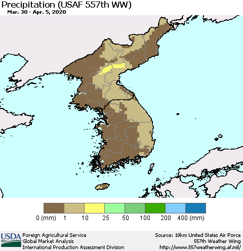 Korea Precipitation (USAF 557th WW) Thematic Map For 3/30/2020 - 4/5/2020