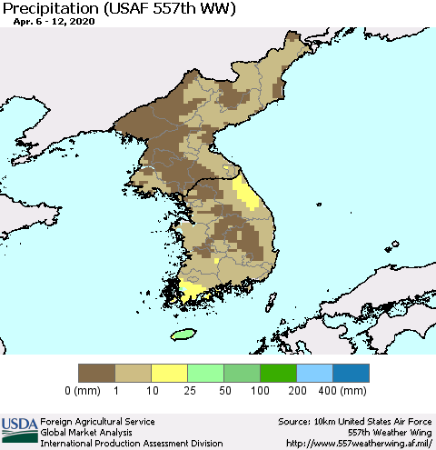 Korea Precipitation (USAF 557th WW) Thematic Map For 4/6/2020 - 4/12/2020