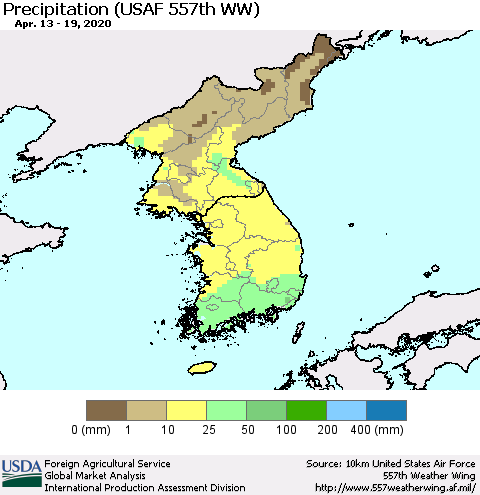 Korea Precipitation (USAF 557th WW) Thematic Map For 4/13/2020 - 4/19/2020