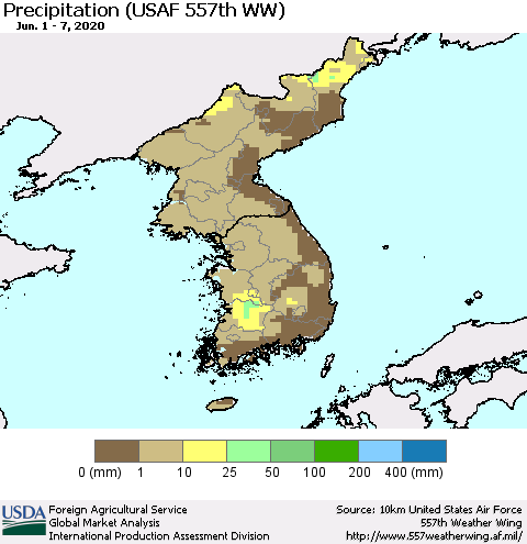 Korea Precipitation (USAF 557th WW) Thematic Map For 6/1/2020 - 6/7/2020