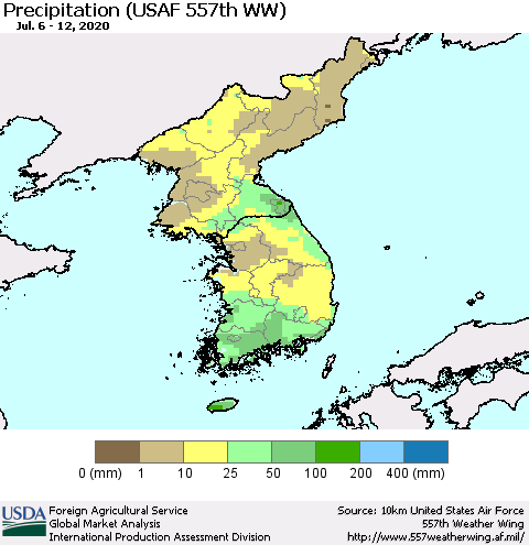 Korea Precipitation (USAF 557th WW) Thematic Map For 7/6/2020 - 7/12/2020