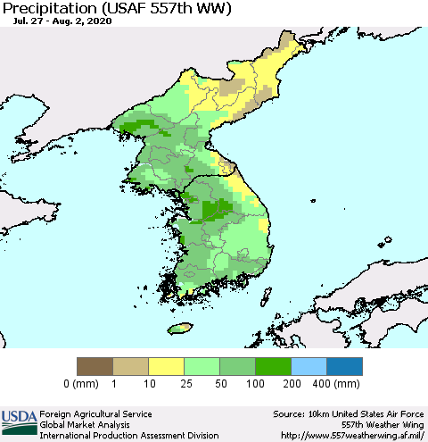 Korea Precipitation (USAF 557th WW) Thematic Map For 7/27/2020 - 8/2/2020