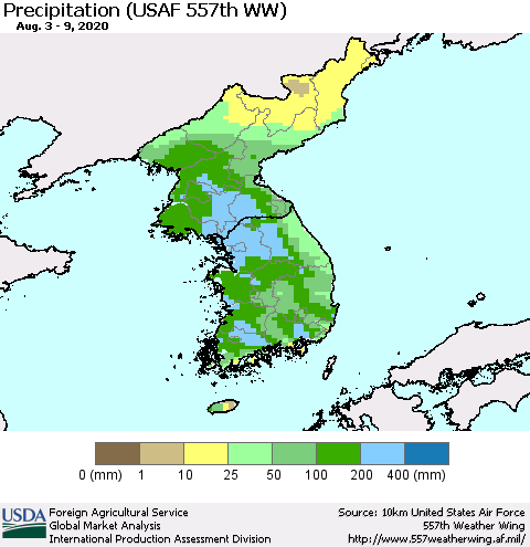Korea Precipitation (USAF 557th WW) Thematic Map For 8/3/2020 - 8/9/2020
