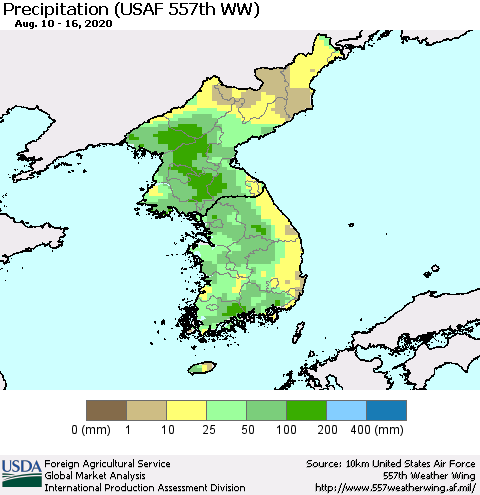Korea Precipitation (USAF 557th WW) Thematic Map For 8/10/2020 - 8/16/2020