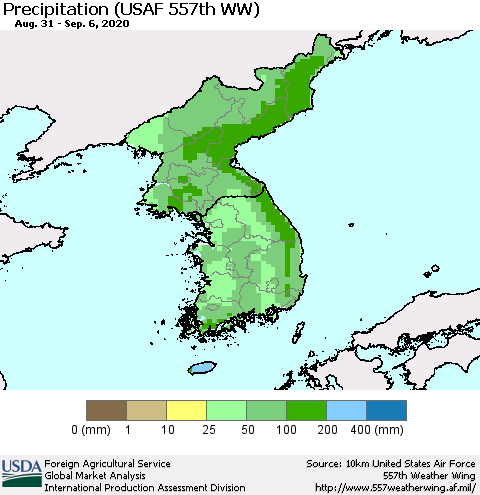 Korea Precipitation (USAF 557th WW) Thematic Map For 8/31/2020 - 9/6/2020