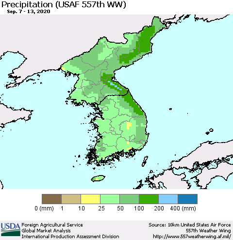 Korea Precipitation (USAF 557th WW) Thematic Map For 9/7/2020 - 9/13/2020
