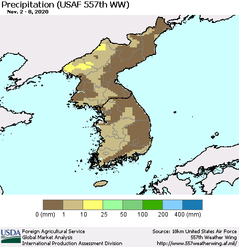 Korea Precipitation (USAF 557th WW) Thematic Map For 11/2/2020 - 11/8/2020
