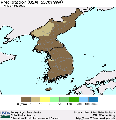 Korea Precipitation (USAF 557th WW) Thematic Map For 11/9/2020 - 11/15/2020