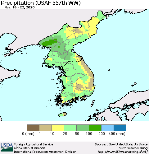 Korea Precipitation (USAF 557th WW) Thematic Map For 11/16/2020 - 11/22/2020