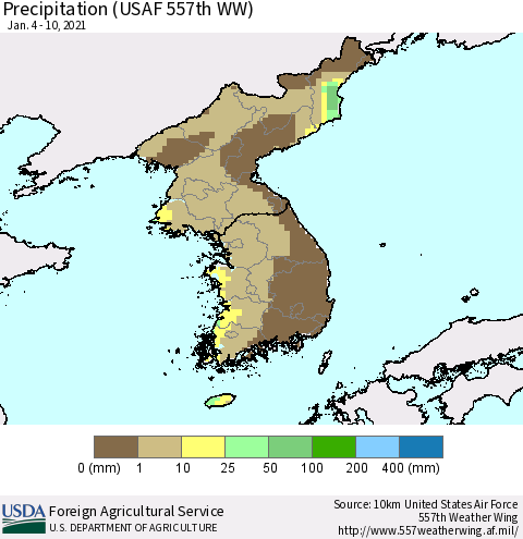 Korea Precipitation (USAF 557th WW) Thematic Map For 1/4/2021 - 1/10/2021