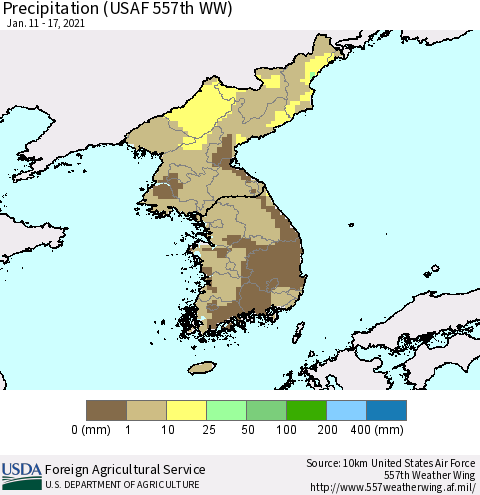 Korea Precipitation (USAF 557th WW) Thematic Map For 1/11/2021 - 1/17/2021
