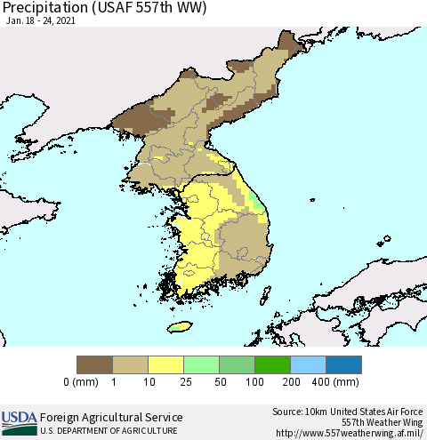 Korea Precipitation (USAF 557th WW) Thematic Map For 1/18/2021 - 1/24/2021