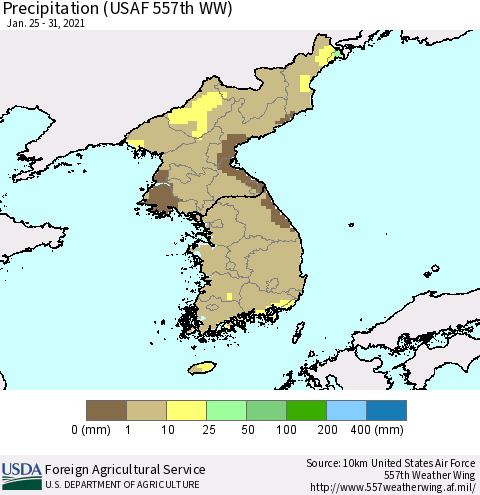 Korea Precipitation (USAF 557th WW) Thematic Map For 1/25/2021 - 1/31/2021