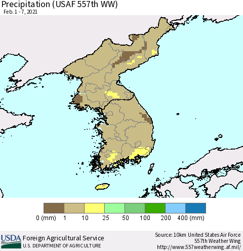 Korea Precipitation (USAF 557th WW) Thematic Map For 2/1/2021 - 2/7/2021