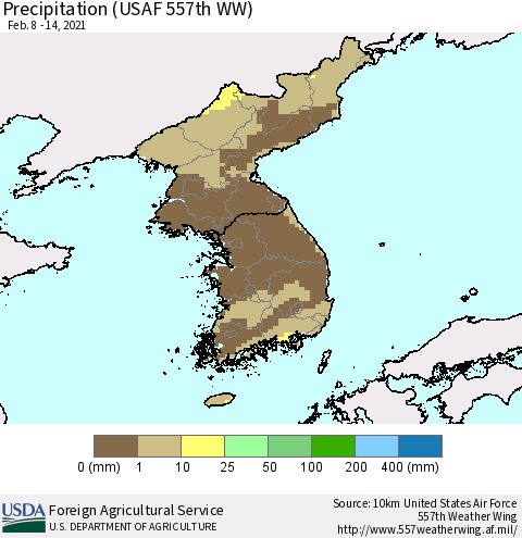 Korea Precipitation (USAF 557th WW) Thematic Map For 2/8/2021 - 2/14/2021