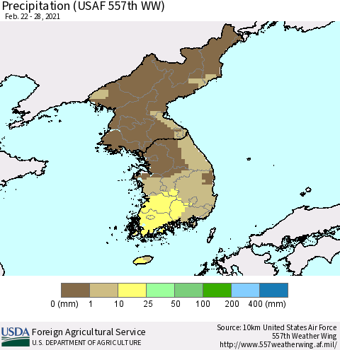 Korea Precipitation (USAF 557th WW) Thematic Map For 2/22/2021 - 2/28/2021