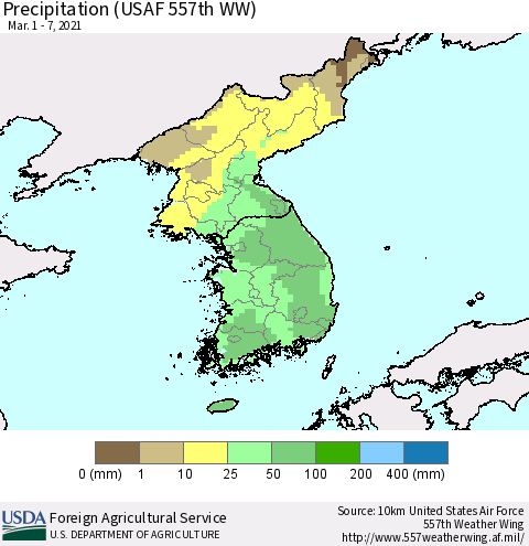 Korea Precipitation (USAF 557th WW) Thematic Map For 3/1/2021 - 3/7/2021
