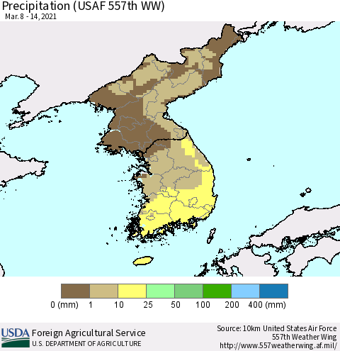 Korea Precipitation (USAF 557th WW) Thematic Map For 3/8/2021 - 3/14/2021