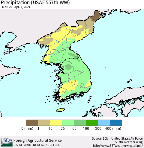 Korea Precipitation (USAF 557th WW) Thematic Map For 3/29/2021 - 4/4/2021