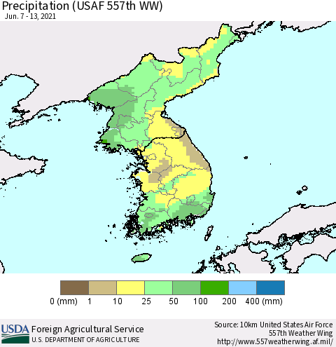 Korea Precipitation (USAF 557th WW) Thematic Map For 6/7/2021 - 6/13/2021