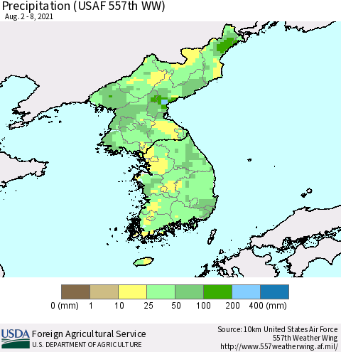 Korea Precipitation (USAF 557th WW) Thematic Map For 8/2/2021 - 8/8/2021