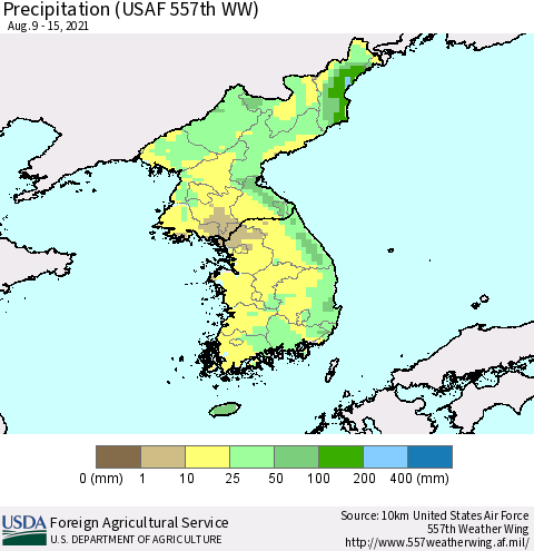 Korea Precipitation (USAF 557th WW) Thematic Map For 8/9/2021 - 8/15/2021