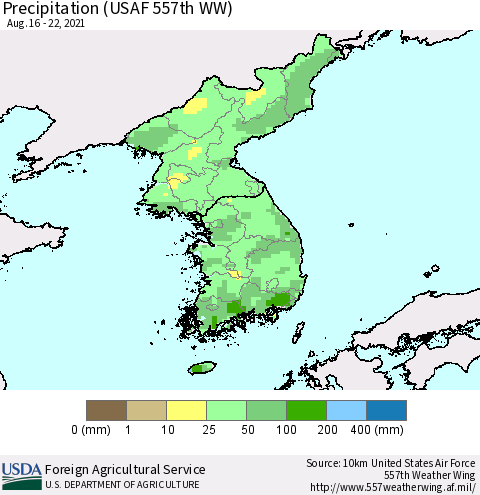 Korea Precipitation (USAF 557th WW) Thematic Map For 8/16/2021 - 8/22/2021