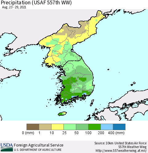 Korea Precipitation (USAF 557th WW) Thematic Map For 8/23/2021 - 8/29/2021