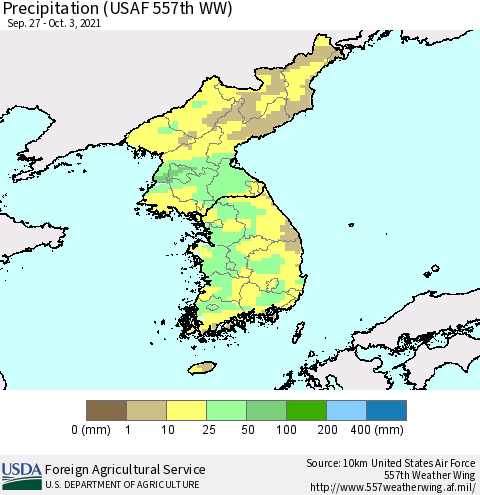 Korea Precipitation (USAF 557th WW) Thematic Map For 9/27/2021 - 10/3/2021