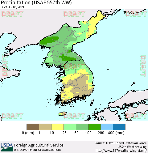 Korea Precipitation (USAF 557th WW) Thematic Map For 10/4/2021 - 10/10/2021