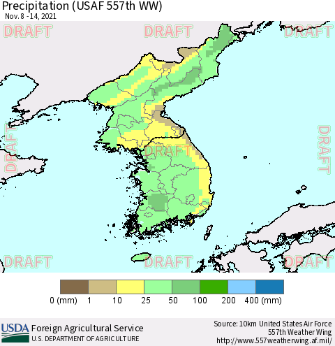 Korea Precipitation (USAF 557th WW) Thematic Map For 11/8/2021 - 11/14/2021