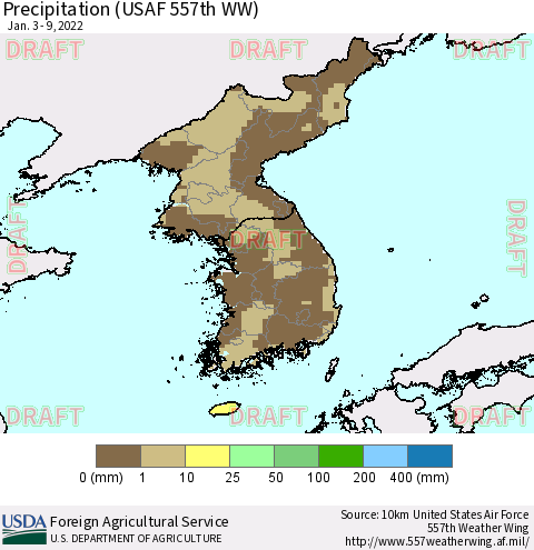 Korea Precipitation (USAF 557th WW) Thematic Map For 1/3/2022 - 1/9/2022