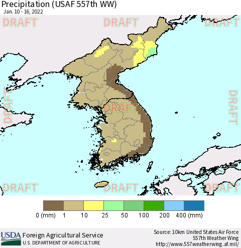 Korea Precipitation (USAF 557th WW) Thematic Map For 1/10/2022 - 1/16/2022