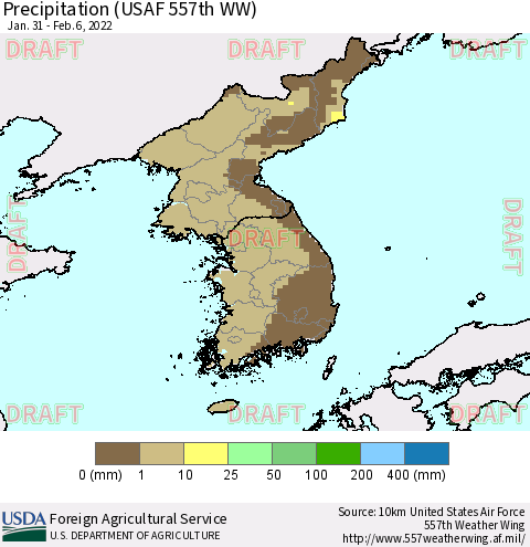 Korea Precipitation (USAF 557th WW) Thematic Map For 1/31/2022 - 2/6/2022