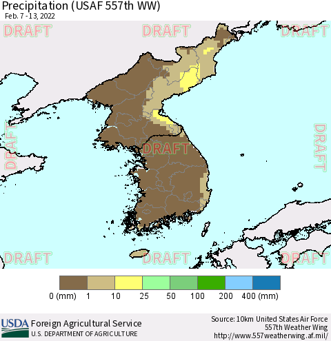 Korea Precipitation (USAF 557th WW) Thematic Map For 2/7/2022 - 2/13/2022