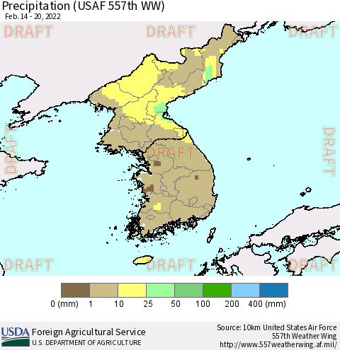 Korea Precipitation (USAF 557th WW) Thematic Map For 2/14/2022 - 2/20/2022