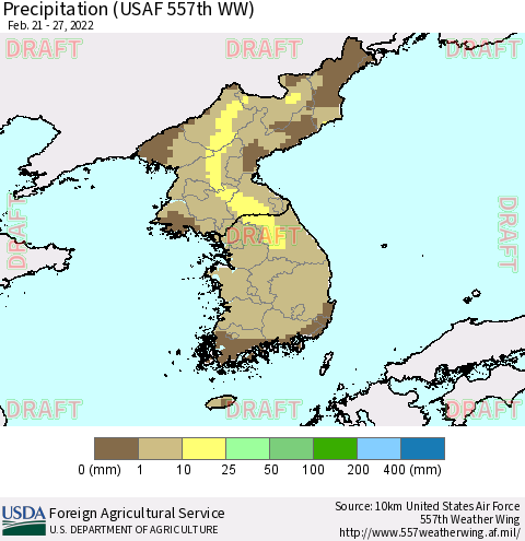 Korea Precipitation (USAF 557th WW) Thematic Map For 2/21/2022 - 2/27/2022