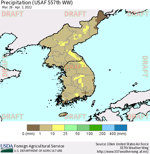 Korea Precipitation (USAF 557th WW) Thematic Map For 3/28/2022 - 4/3/2022