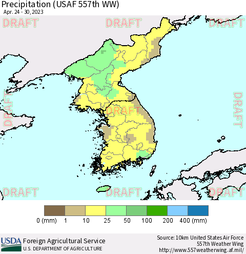 Korea Precipitation (USAF 557th WW) Thematic Map For 4/24/2023 - 4/30/2023