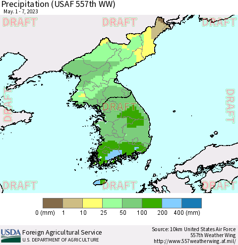 Korea Precipitation (USAF 557th WW) Thematic Map For 5/1/2023 - 5/7/2023