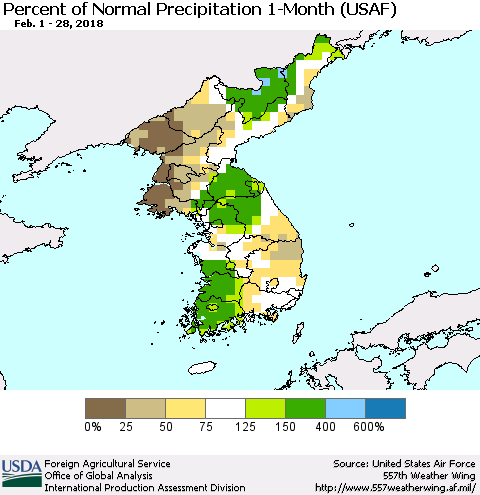 Korea Percent of Normal Precipitation 1-Month (USAF) Thematic Map For 2/1/2018 - 2/28/2018