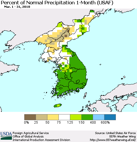 Korea Percent of Normal Precipitation 1-Month (USAF) Thematic Map For 3/1/2018 - 3/31/2018