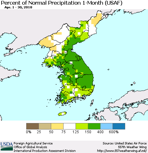 Korea Percent of Normal Precipitation 1-Month (USAF) Thematic Map For 4/1/2018 - 4/30/2018