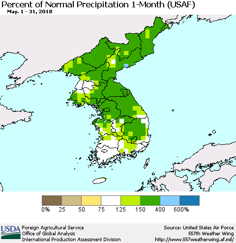 Korea Percent of Normal Precipitation 1-Month (USAF) Thematic Map For 5/1/2018 - 5/31/2018