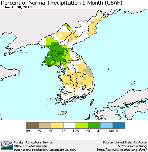 Korea Percent of Normal Precipitation 1-Month (USAF) Thematic Map For 6/1/2018 - 6/30/2018