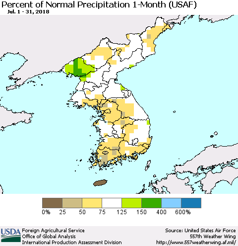 Korea Percent of Normal Precipitation 1-Month (USAF) Thematic Map For 7/1/2018 - 7/31/2018