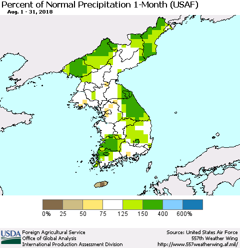 Korea Percent of Normal Precipitation 1-Month (USAF) Thematic Map For 8/1/2018 - 8/31/2018